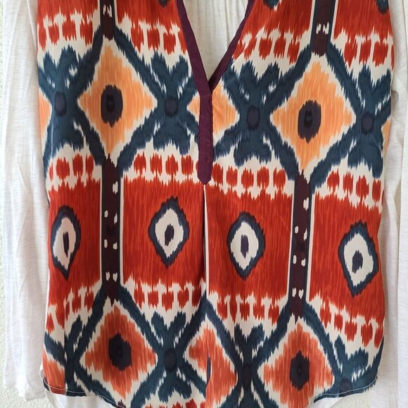 Tiny Anthropologie Sima Aztec Print Long Sleeve Top Mixed Media Tab Sleeves Med - Picture 4 of 12